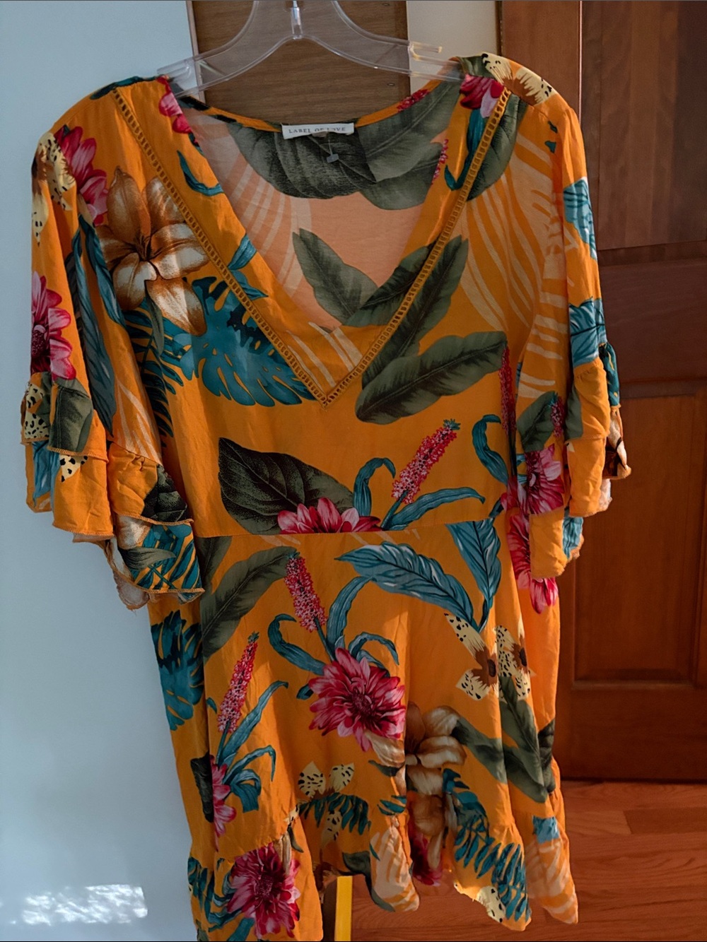Women's Orange Tropical V-Neck Mini Dress with Flutter Sleeves